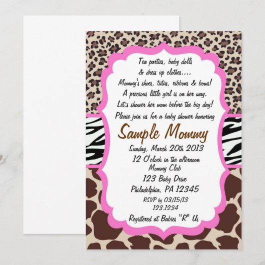 Uitnodiging tot Baby shower van dierlijke afdruk (Voorkant / Achterkant)