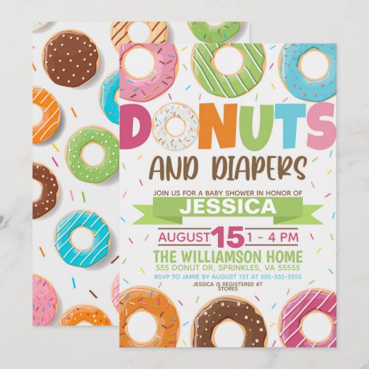 Uitnodiging tot Baby shower van Donuts en Diapers (Voorkant / Achterkant)