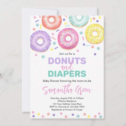 Uitnodiging tot Baby shower van Donuts en Diapers (Voorkant)