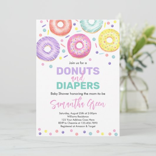 Uitnodiging tot Baby shower van Donuts en Diapers (Staand voorkant)