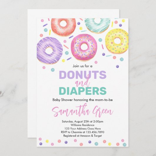 Uitnodiging tot Baby shower van Donuts en Diapers (Voorkant / Achterkant)