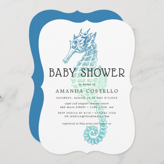 Uitnodiging tot Baby shower van Elegant Seahorse (Voorkant / Achterkant)
