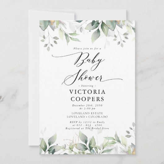 Uitnodiging tot Baby shower van eucalyptusblad (Voorkant)