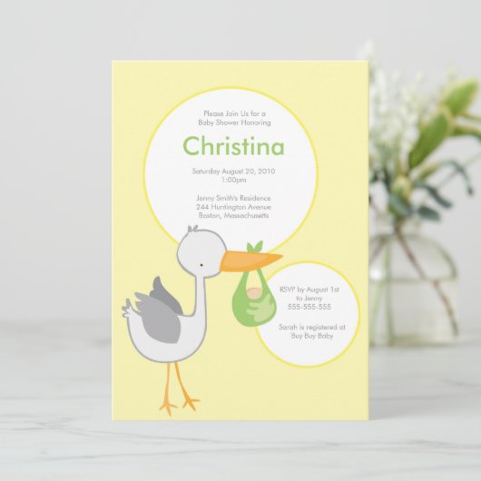 Uitnodiging tot Baby shower van Geel en Groen Stor (Staand voorkant)