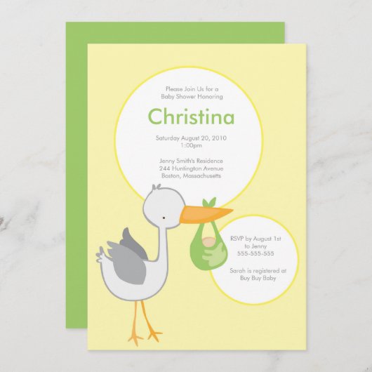 Uitnodiging tot Baby shower van Geel en Groen Stor (Voorkant / Achterkant)