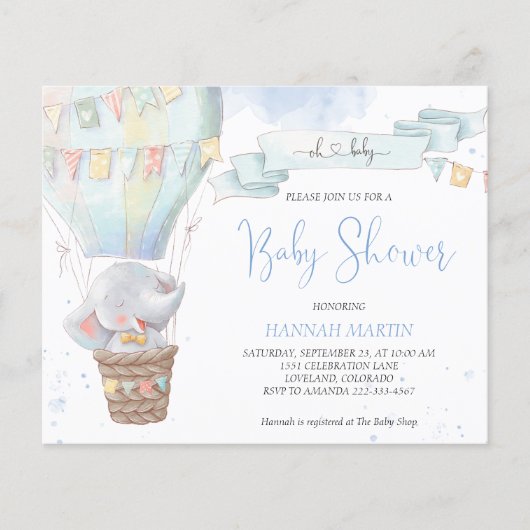 Uitnodiging tot Baby shower van het Elephant-budge (Voorkant)