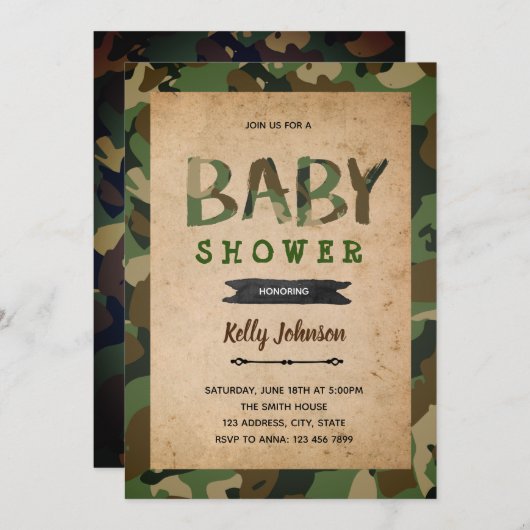 Uitnodiging tot baby shower van het leger van Camo (Voorkant / Achterkant)