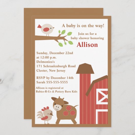 Uitnodiging tot Baby shower van hobbydieren (Voorkant / Achterkant)