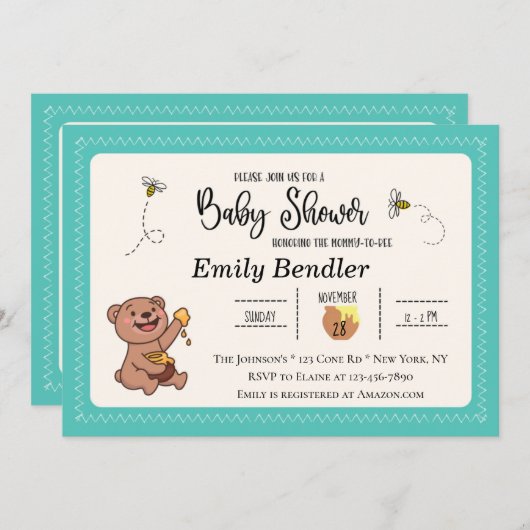 Uitnodiging tot Baby shower van honing Beer (Voorkant / Achterkant)