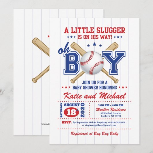 Uitnodiging tot Baby shower van honkbal (Voorkant / Achterkant)