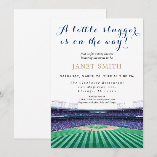 Uitnodiging tot Baby shower van honkbalthema (Voorkant / Achterkant)