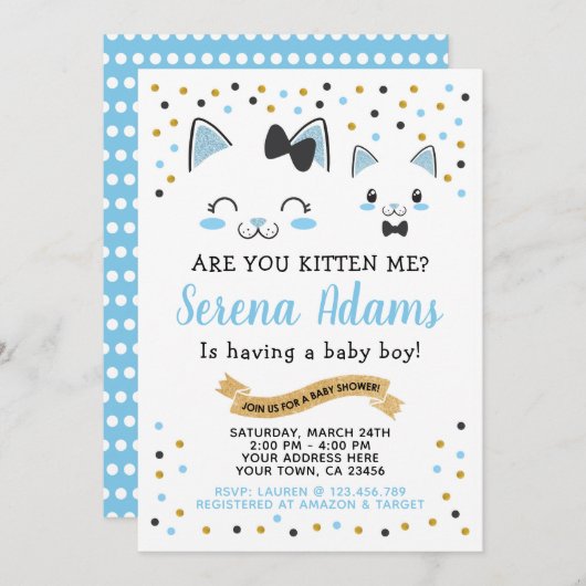 Uitnodiging tot Baby shower van Kitty Cat Boys (Voorkant / Achterkant)