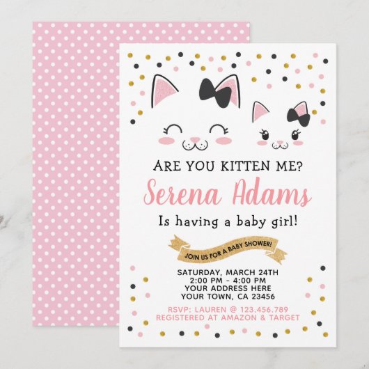 Uitnodiging tot Baby shower van Kitty Cat Girls (Voorkant / Achterkant)