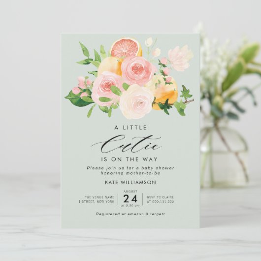 uitnodiging tot baby shower van kleine cutie citru (Staand voorkant)