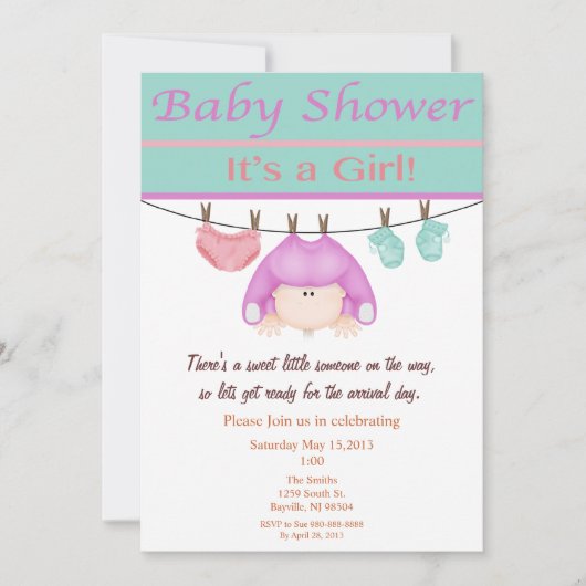 Uitnodiging tot Baby shower van lavendel en groen  (Voorkant)