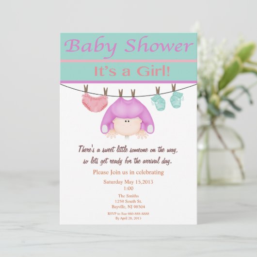 Uitnodiging tot Baby shower van lavendel en groen  (Staand voorkant)