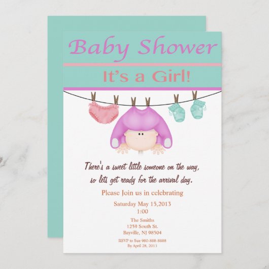 Uitnodiging tot Baby shower van lavendel en groen  (Voorkant / Achterkant)