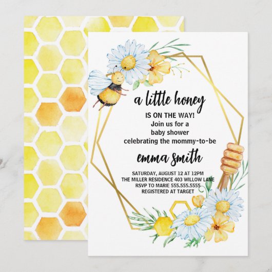 Uitnodiging tot Baby shower van Little Honey Bee (Voorkant / Achterkant)