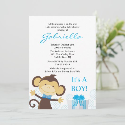 Uitnodiging tot Baby shower van Little Monkey Boy (Staand voorkant)