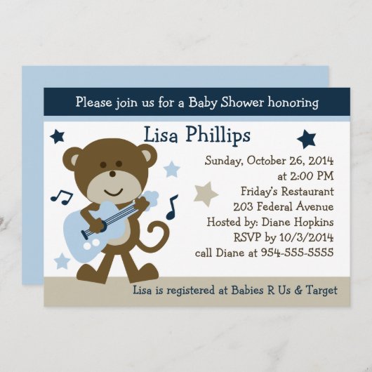 Uitnodiging tot Baby shower van Monkey Rocker (Voorkant / Achterkant)