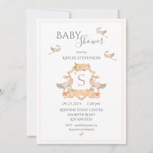 Uitnodiging tot Baby shower van Monogram Peach Cre (Voorkant)