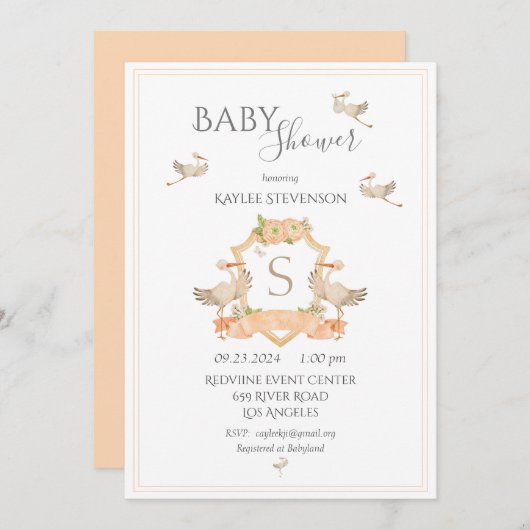 Uitnodiging tot Baby shower van Monogram Peach Cre (Voorkant / Achterkant)