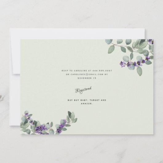 Uitnodiging tot Baby shower van mooie lavendel (Achterkant)
