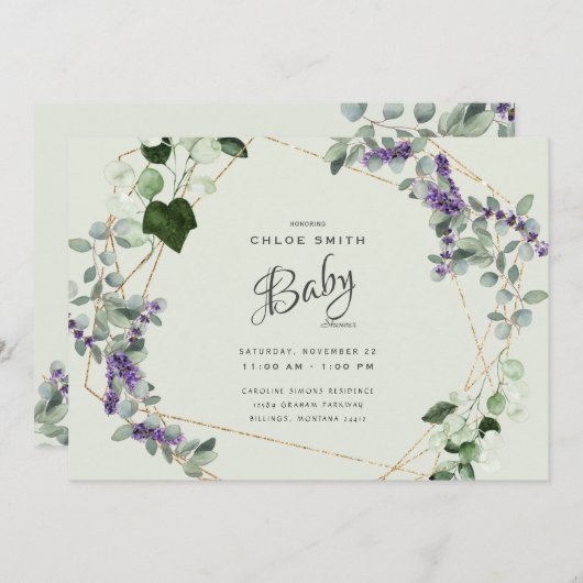 Uitnodiging tot Baby shower van mooie lavendel (Voorkant / Achterkant)