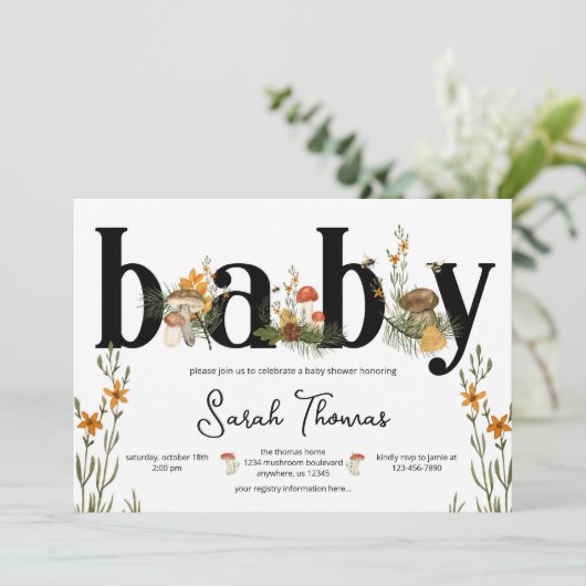 Uitnodiging tot Baby shower van paddenstoelen en w (Staand voorkant)