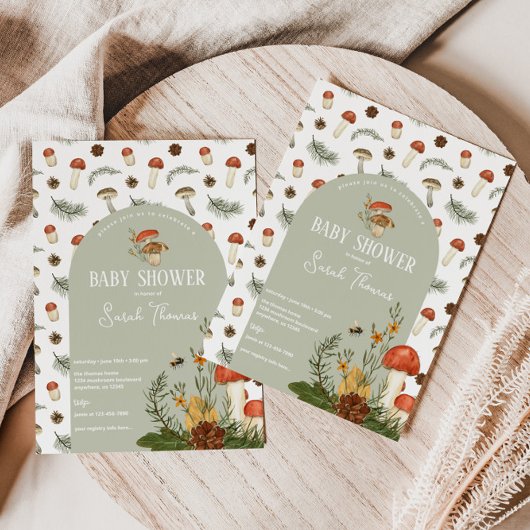 Uitnodiging tot Baby shower van paddenstoelen en w