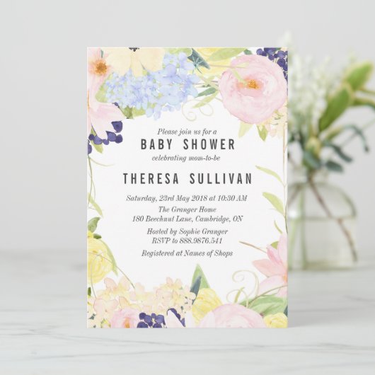 Uitnodiging tot Baby shower van pastellentbloemen (Staand voorkant)