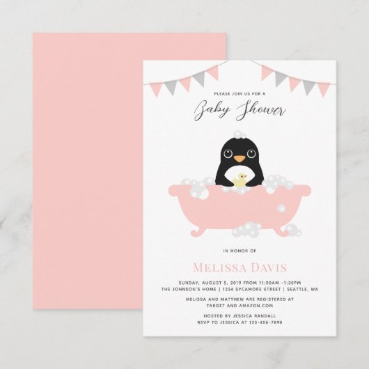 Uitnodiging tot Baby shower van Penguin (Voorkant / Achterkant)