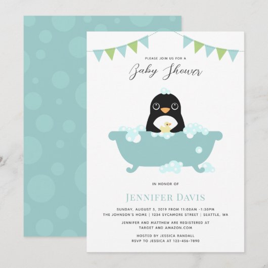 Uitnodiging tot Baby shower van Penguin (Voorkant / Achterkant)