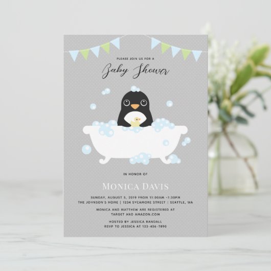 Uitnodiging tot Baby shower van Penguin (Staand voorkant)