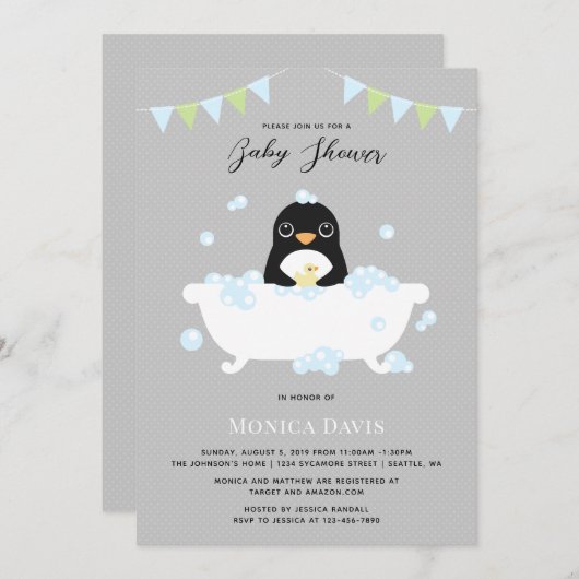 Uitnodiging tot Baby shower van Penguin (Voorkant / Achterkant)
