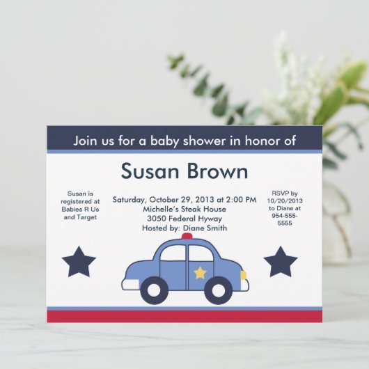 Uitnodiging tot Baby shower van politieauto (Staand voorkant)