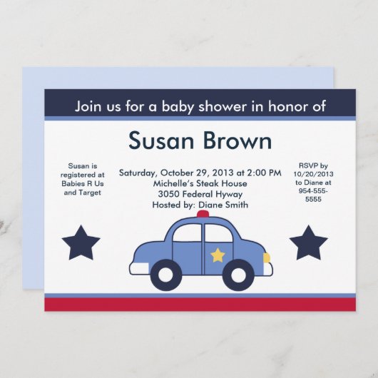 Uitnodiging tot Baby shower van politieauto (Voorkant / Achterkant)