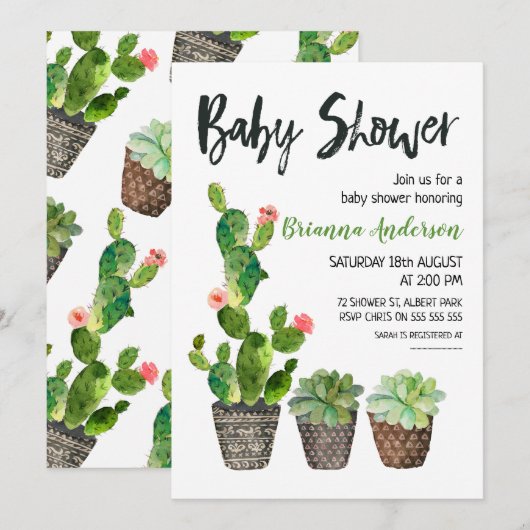 Uitnodiging tot Baby shower van Potted Cactus (Voorkant / Achterkant)