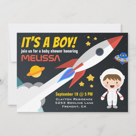 Uitnodiging tot Baby shower van Rocket Boy Buitenr (Voorkant)