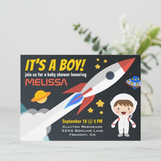 Uitnodiging tot Baby shower van Rocket Boy Buitenr (Staand voorkant)