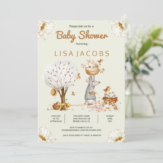 Uitnodiging tot Baby shower van Rustic Bird Mouse  (Staand voorkant)