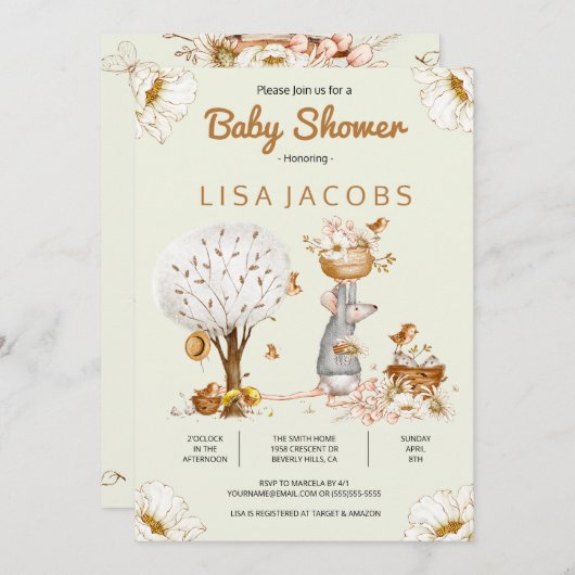 Uitnodiging tot Baby shower van Rustic Bird Mouse  (Voorkant / Achterkant)