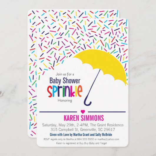 Uitnodiging tot Baby shower van sprintjes, regenin (Voorkant / Achterkant)