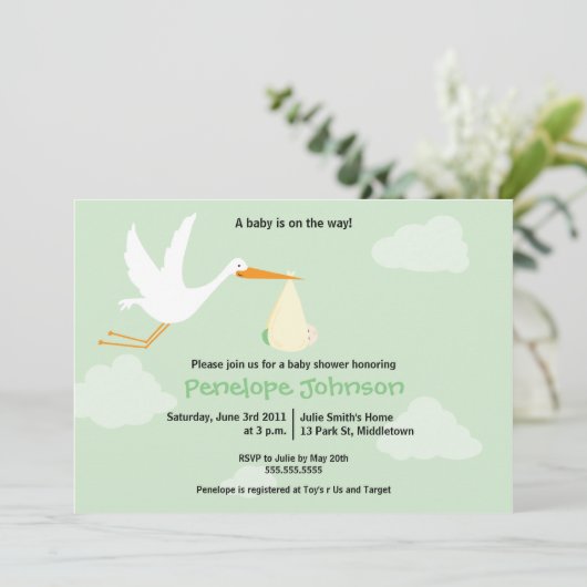 Uitnodiging tot Baby shower van Stork - Jongen/Mei (Staand voorkant)