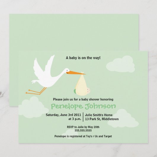 Uitnodiging tot Baby shower van Stork - Jongen/Mei (Voorkant / Achterkant)