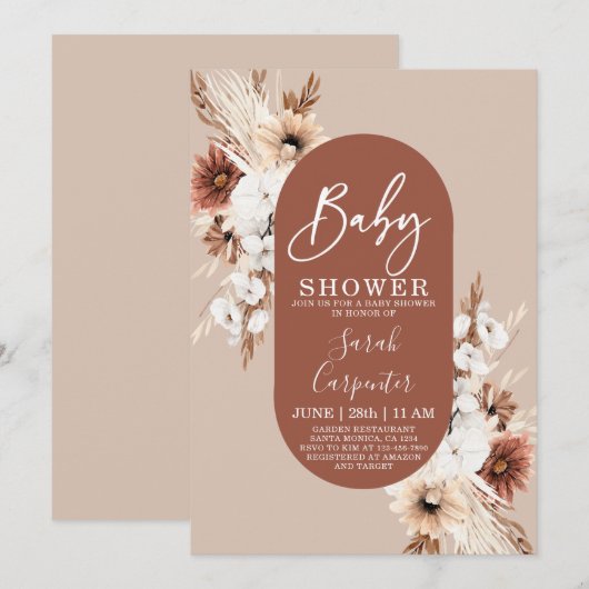 Uitnodiging tot Baby shower van Terracotta Pampas (Voorkant / Achterkant)