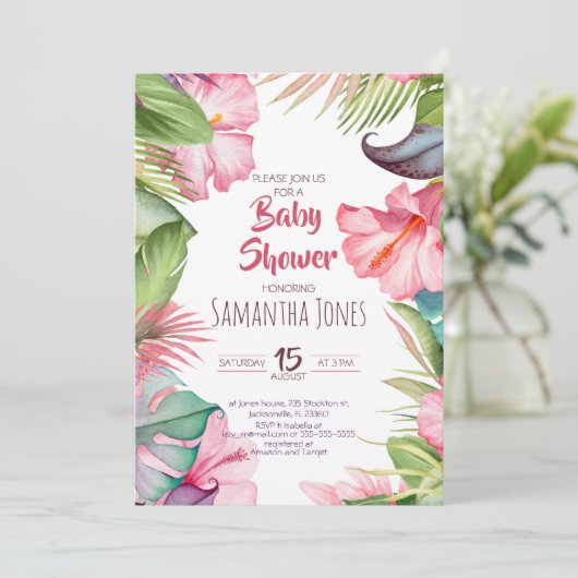 Uitnodiging tot Baby shower van Tropical Flowers (Staand voorkant)
