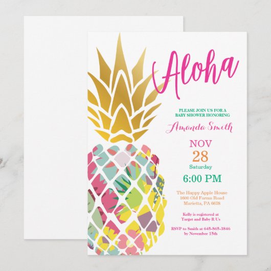 Uitnodiging tot Baby shower van tropische ananasse (Voorkant / Achterkant)
