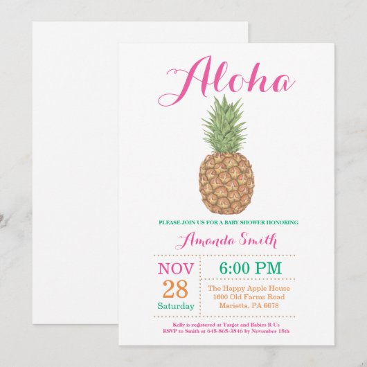 Uitnodiging tot Baby shower van tropische ananasse (Voorkant / Achterkant)