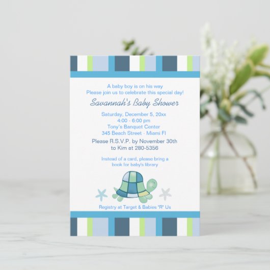 Uitnodiging tot Baby shower van Turtle Bay Stripes (Staand voorkant)